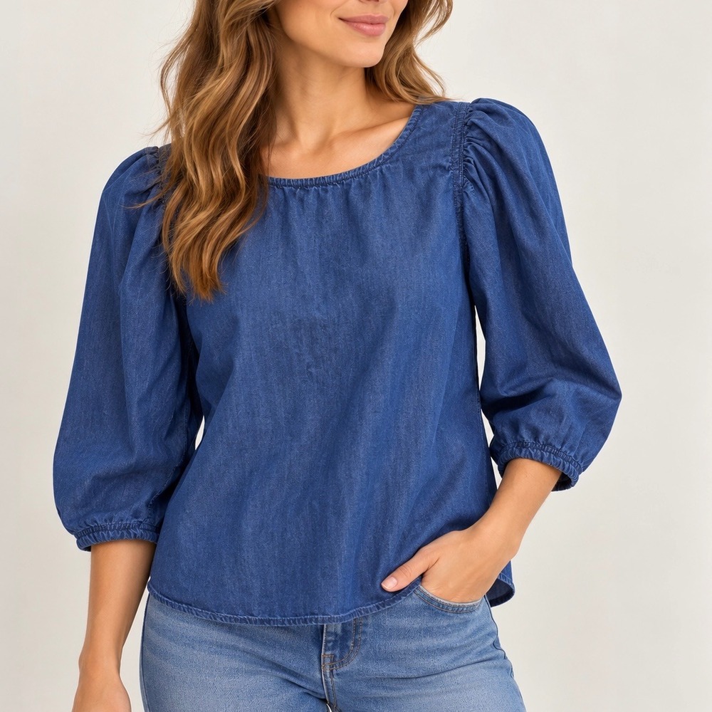 Sam Edelman Women Blue Denim Lyocell Cotton Puff Sleeve Blouse Top Small